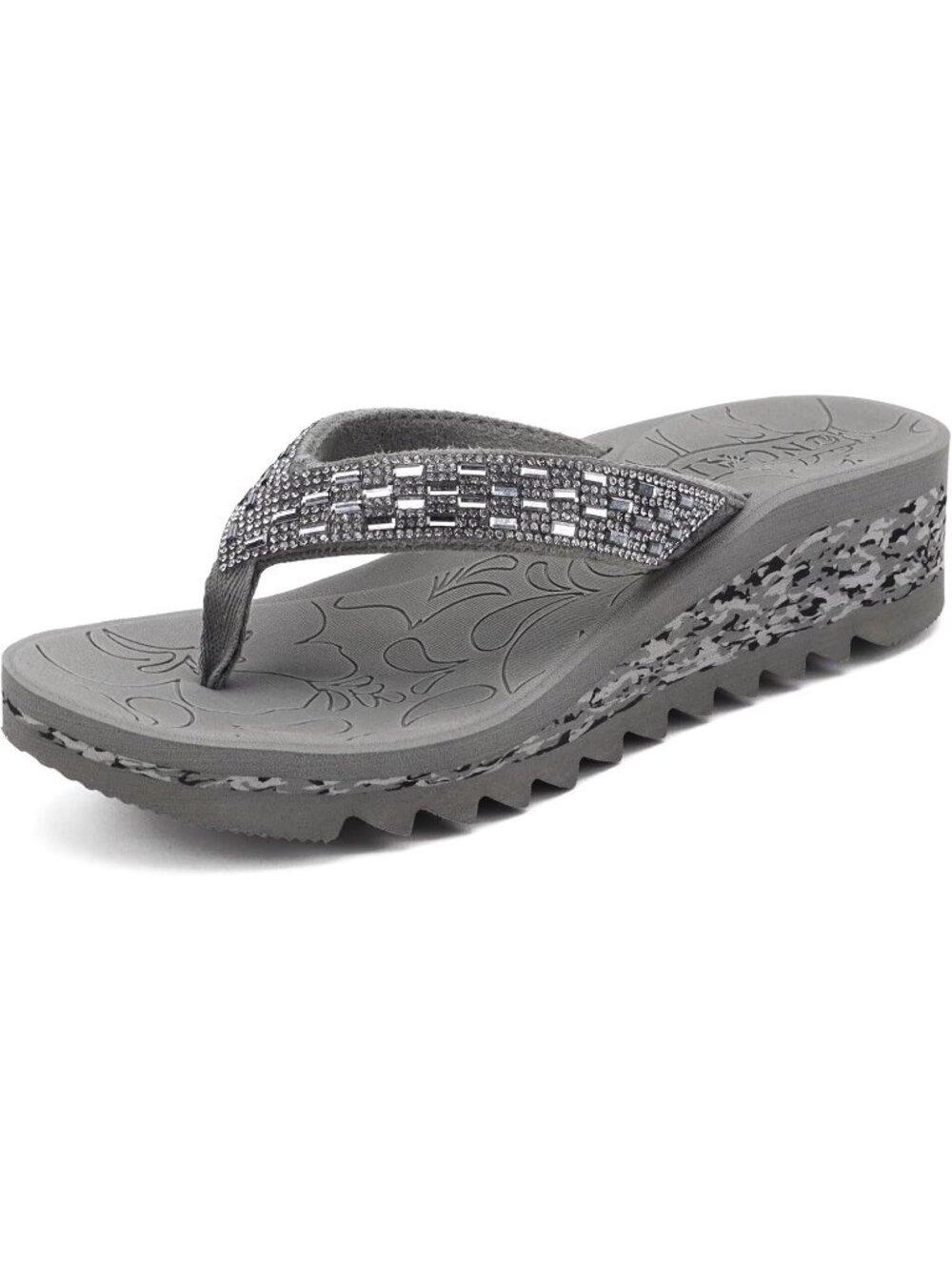 Women's Grey Summer Comfortable Wedge Flip Flop with Rhinestone Walking Sandals
